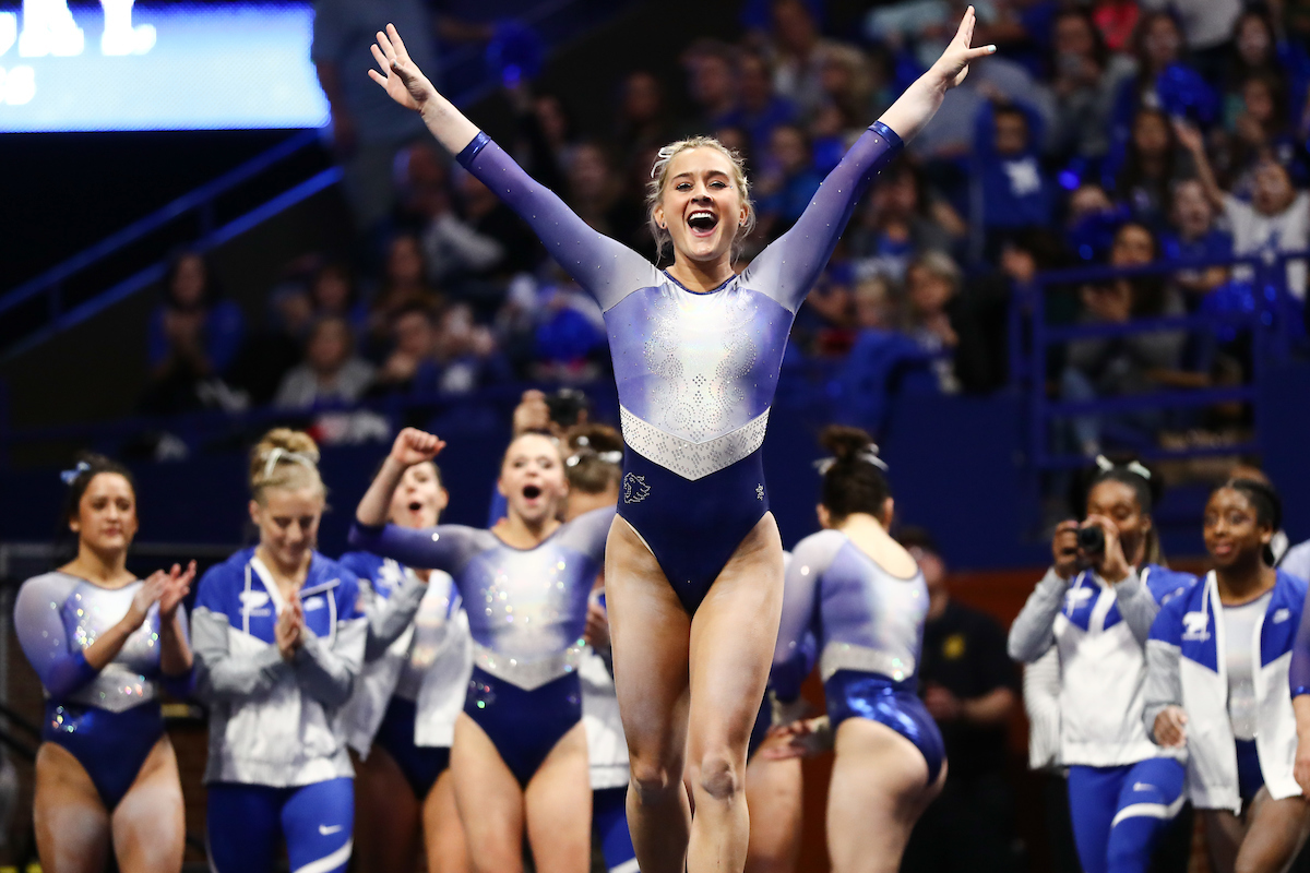 ALEX HYLAND.

The University of Kentucky gymnastics team beats Arkansas with a winning score of 195.275 on Excite Night. 


Photo by Elliott Hess | UK Athletics