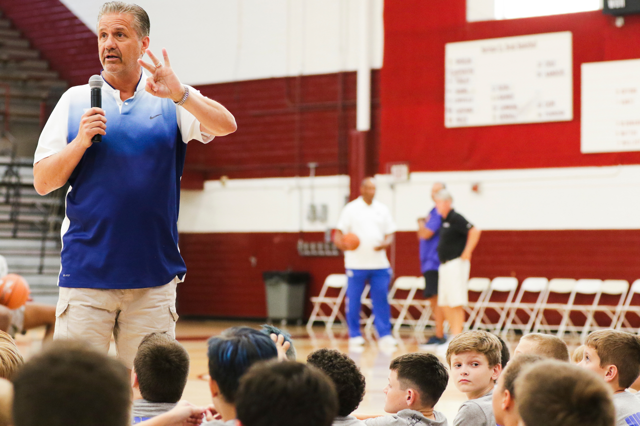 John Calipari. 

The Kentucky men's basketball team at its second day at Harrison County in Cynthiana, Kentucky, during the Satellite Camp tour. June 6th, 2019. 

Photo by Eddie Justice | UK Athletics