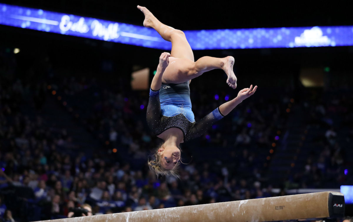 MOLLIE KORTH.

The University of Kentucky gymnastics team beat Ball State, Southeast Missouri, and George Washington on Friday, January 5, 2017 at Rupp Arena in Lexington, Ky.

Photo by Elliott Hess | UK Athletics