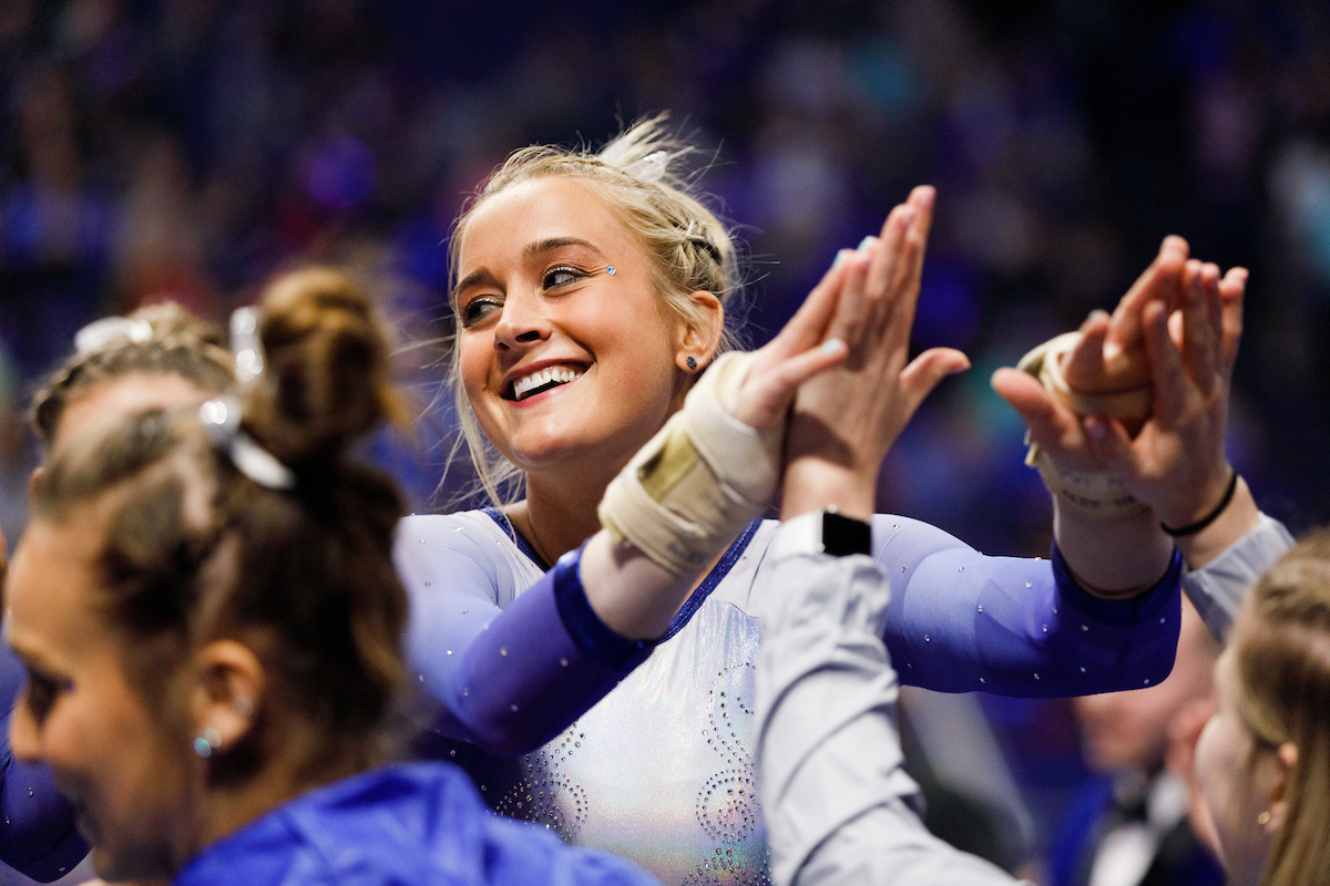 ALEX HYLAND.

The University of Kentucky gymnastics team beats Arkansas with a winning score of 195.275 on Excite Night. 


Photo by Elliott Hess | UK Athletics