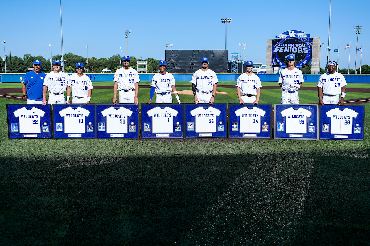 Coach Nick Mingione. John Thrasher. Hunter Jump. Mason Hazelwood. Daniel Harris IV. Daniel Harper. Sean Harney. Adam Fogel. Oraj Anu.

2022 Kentucky Baseball Senior Day.

Photo by Sarah Caputi | UK Athletics
