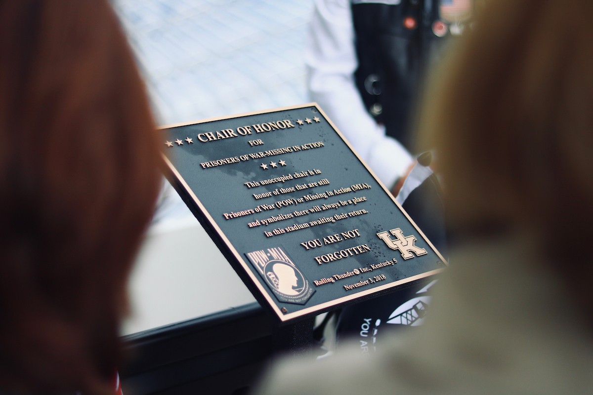Four Chairs of Honor were dedicated by Rolling Thunder at Kroger Field in the four corners of the upper concourse on Thursday, November 1st, 2018.

Photos by Noah J. Richter | UK Athletics