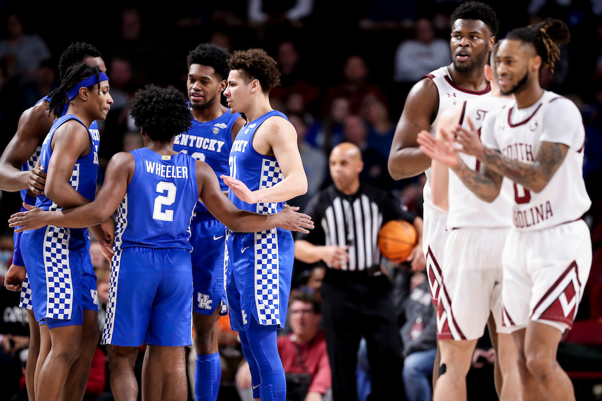 Team. TyTy Washington Jr. Oscar Tshiebwe. Sahvir Wheeler. Keion Brooks Jr. Kellan Grady.

Kentucky beat South Carolina 86-76.

Photos by Chet White | UK Athletics