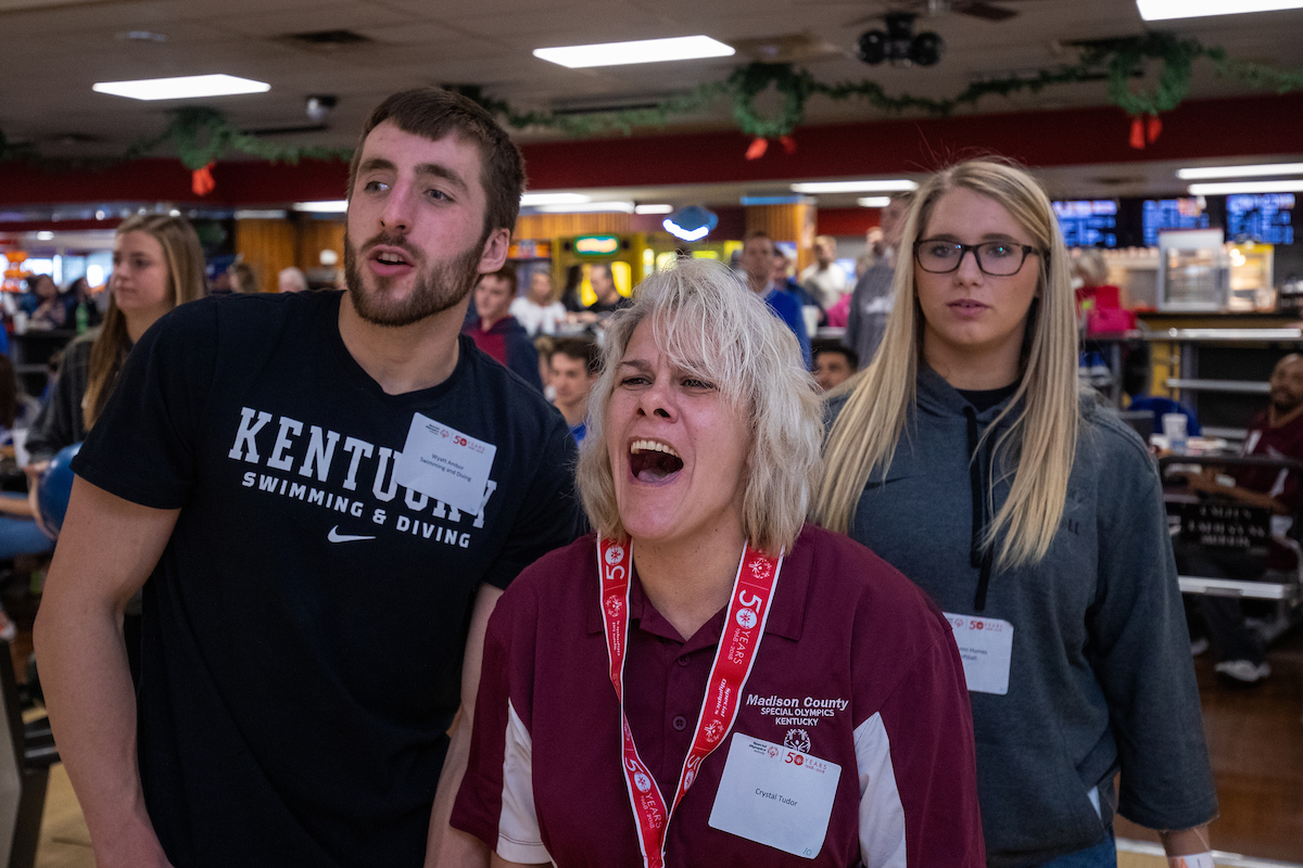 UK athletes bowl with members of Special Olympics at Collins Bowling Alley on , Saturday Dec. 8, 2018  in Lexington, Ky. Photo by Mark Mahan
