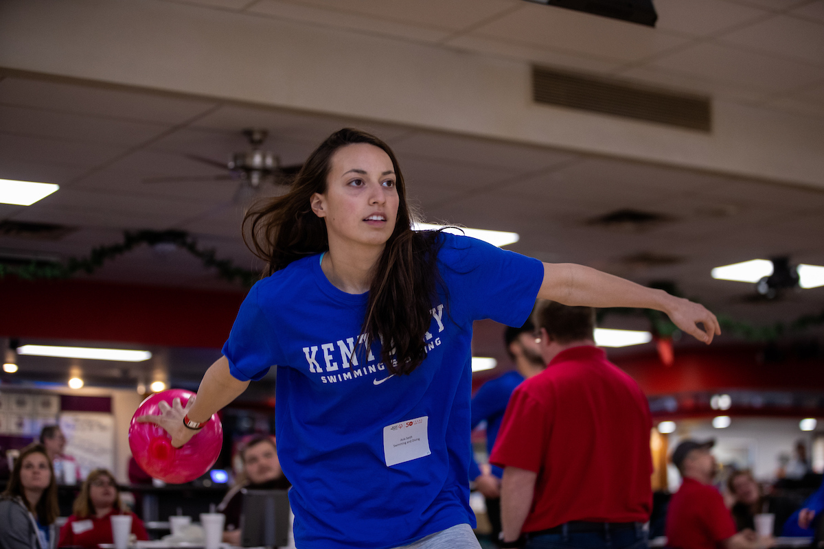 UK athletes bowl with members of Special Olympics at Collins Bowling Alley on , Saturday Dec. 8, 2018  in Lexington, Ky. Photo by Mark Mahan