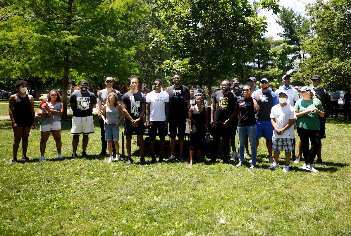 Former UK athletes gathered for a photo during the Walk Forward rally on June 13, 2020. Photo by Mark Cornelison | UKphoto