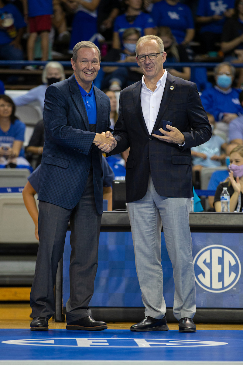 Mitch Barnhart, Greg Sankey.

Kentucky sweeps UNI 3-0.

Photo by Grant Lee | UK Athletics