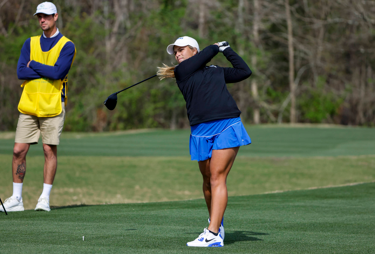 Jensen Castle of the United States plays her stroke from the No. 5 tee during a practice round prior to the Augusta National Women's Amateur at Champions Retreat Golf Club, Tuesday, March 29, 2022.