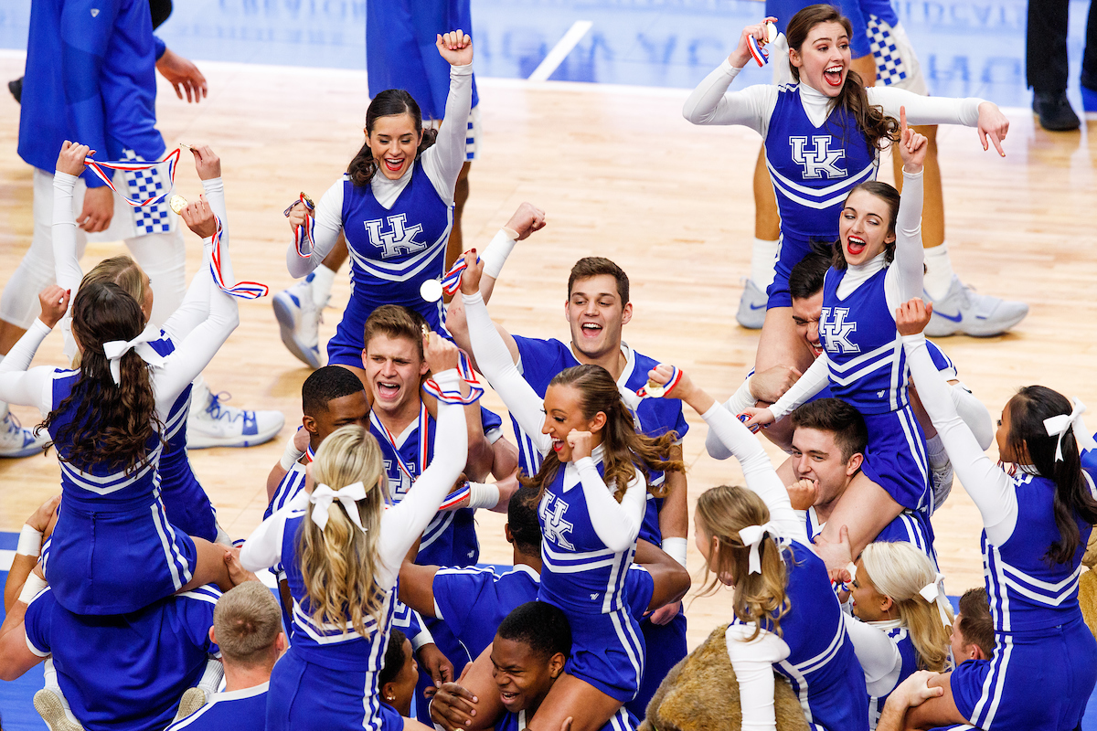 Cheerleaders. 

The UK men's basketball team beat Kansas 71-63 at Rupp Arena on Saturday, January 26, 2019.

Photo by Elliott Hess | UK Athletics