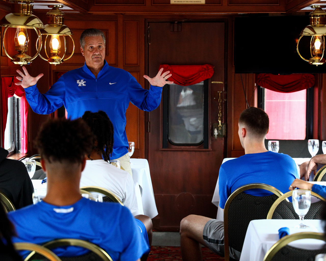 John Calipari.

The Kentucky men's basketball team rode an RJ Corman train to the satellite camp at South Oldham High School in Crestwood, Kentucky.

Photo by Eddie Justice | UK Athletics