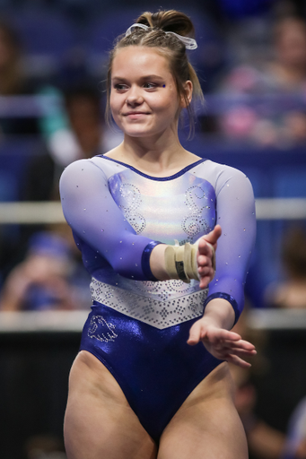 Ella Warren. 

The University of Kentucky gymnastics team beats Arkansas with a winning score of 195.275 on Excite Night

Photo by Eddie Justice | UK Athletics