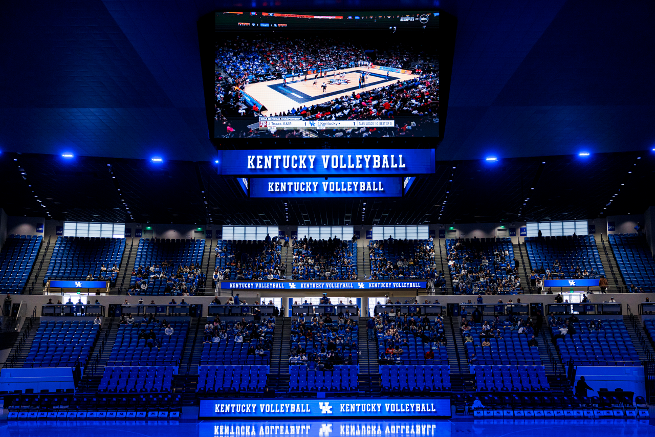 Kentucky Volleyball girls on the jumbotron for the watch party at Historic Memorial Coliseum.