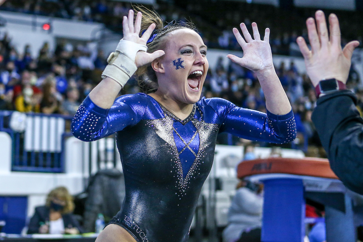 Raena Worley.

Kentucky defeats Mizzou 197.450-196.875.

Photo by Sarah Caputi | UK Athletics