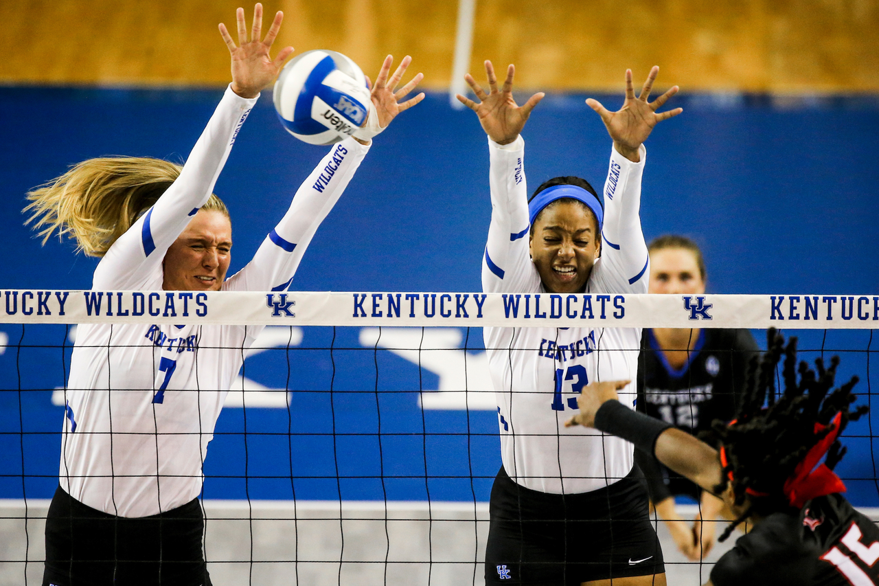 Leah Edomond. Leah Meyer. 

UK defeats UofL 3-0. 

Photo by Eddie Justice | UK Athletics