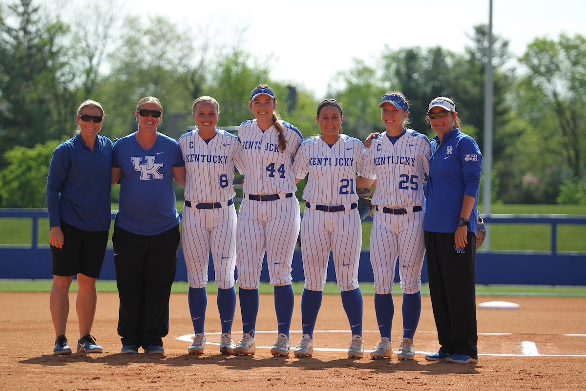 Erin Rethlake. Rachael Metzger. Hannah Huffman. Brooklin Hinz. Rachel Lawson. Kristine Himes. Molly Belcher.

The University of Kentucky softball team during Game 1 against South Carolina for Senior Day on Sunday, May 6th, 2018 at John Cropp Stadium in Lexington, Ky.

Photo by Quinn Foster I UK Athletics