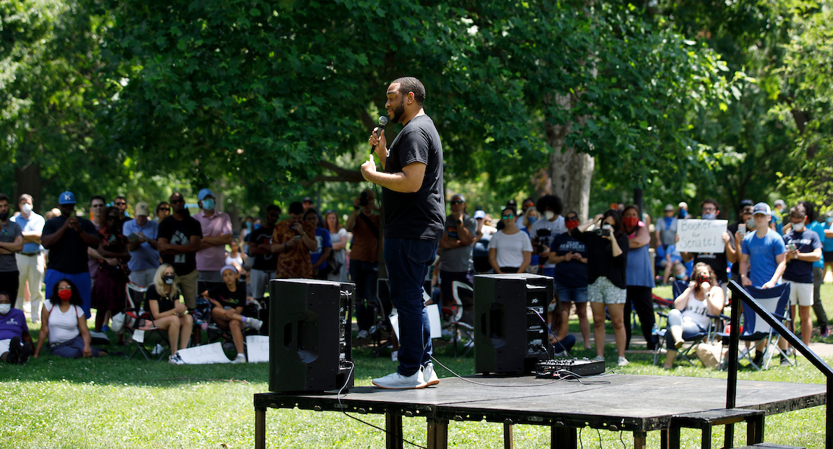 Charles Booker spoke during the Walk Forward rally on June 13, 2020. Photo by Mark Cornelison | UKphoto