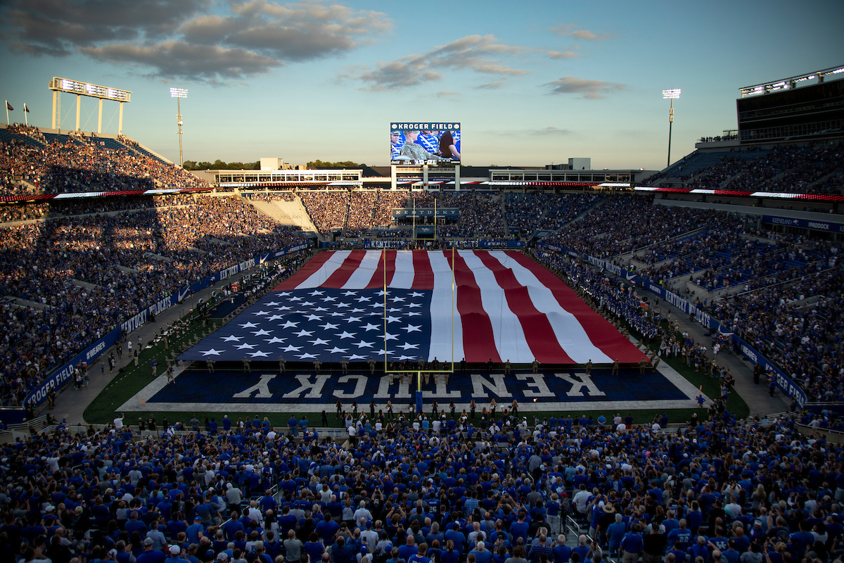 Anthem.

UK beat EMU 38-17.

Photo by Isaac Janssen | UK Athletics