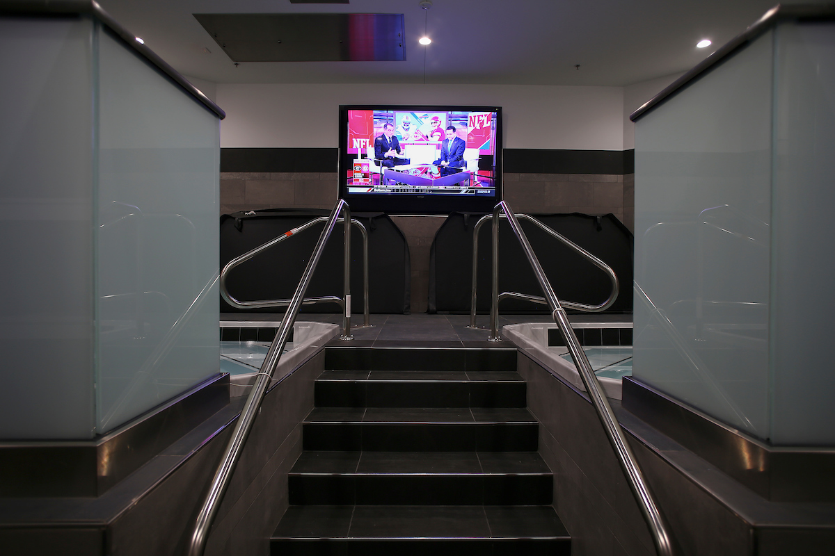UK men's basketball locker room in the Joe Craft Center.

Photo by Chet White | UK Athletics