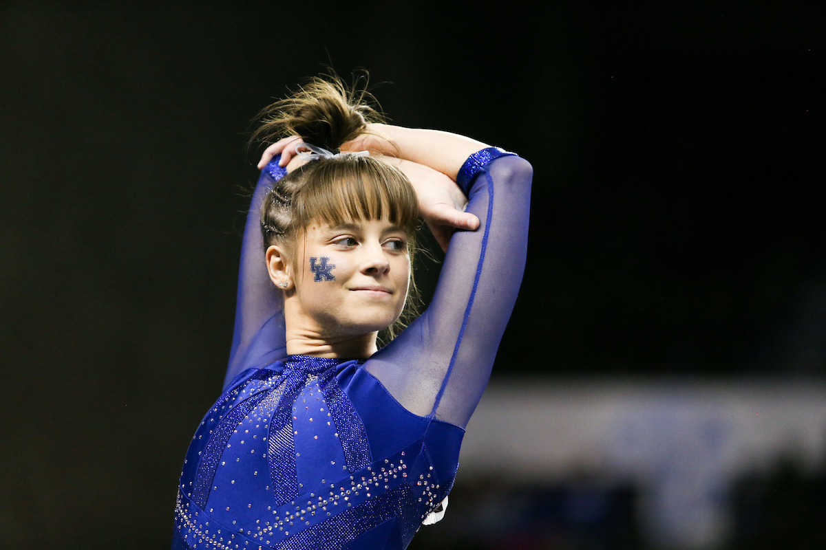 Anna Haigis.

Kentucky falls to Alabama 196.775 - 196.350.

Photo by Hannah Phillips | UK Athletics