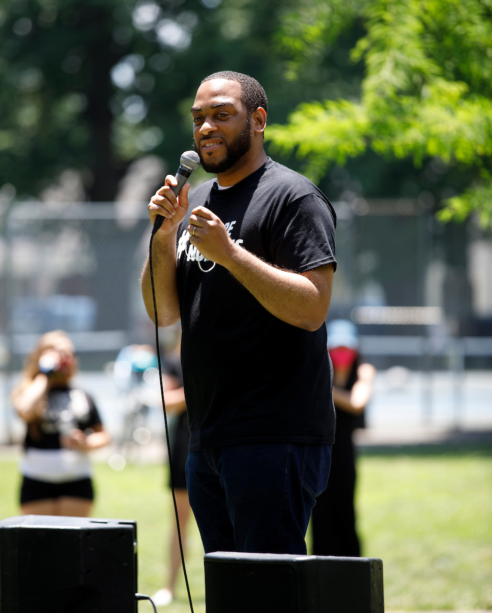Charles Booker spoke during the Walk Forward rally on June 13, 2020. Photo by Mark Cornelison | UKphoto