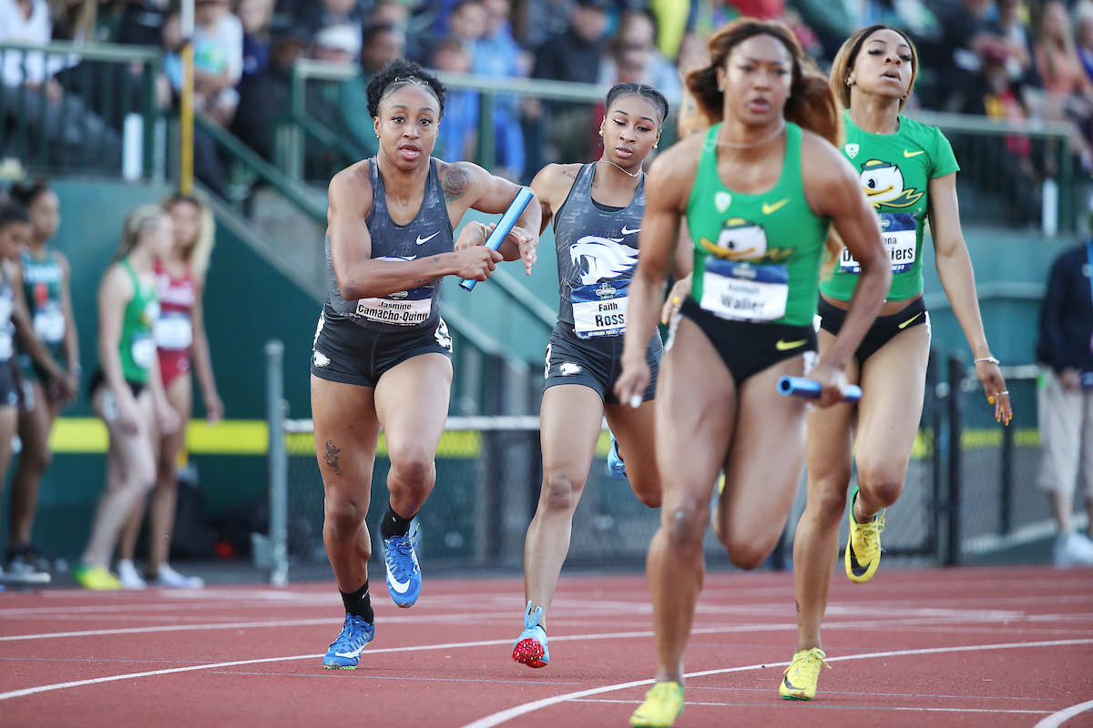 Jasmine Camacho-Quinn. 4x400 relay.

Day two of the NCAA Track and Field Outdoor National Championships. Eugene, Oregon. Thursday, June 7, 2018.

Photo by Chet White | UK Athletics