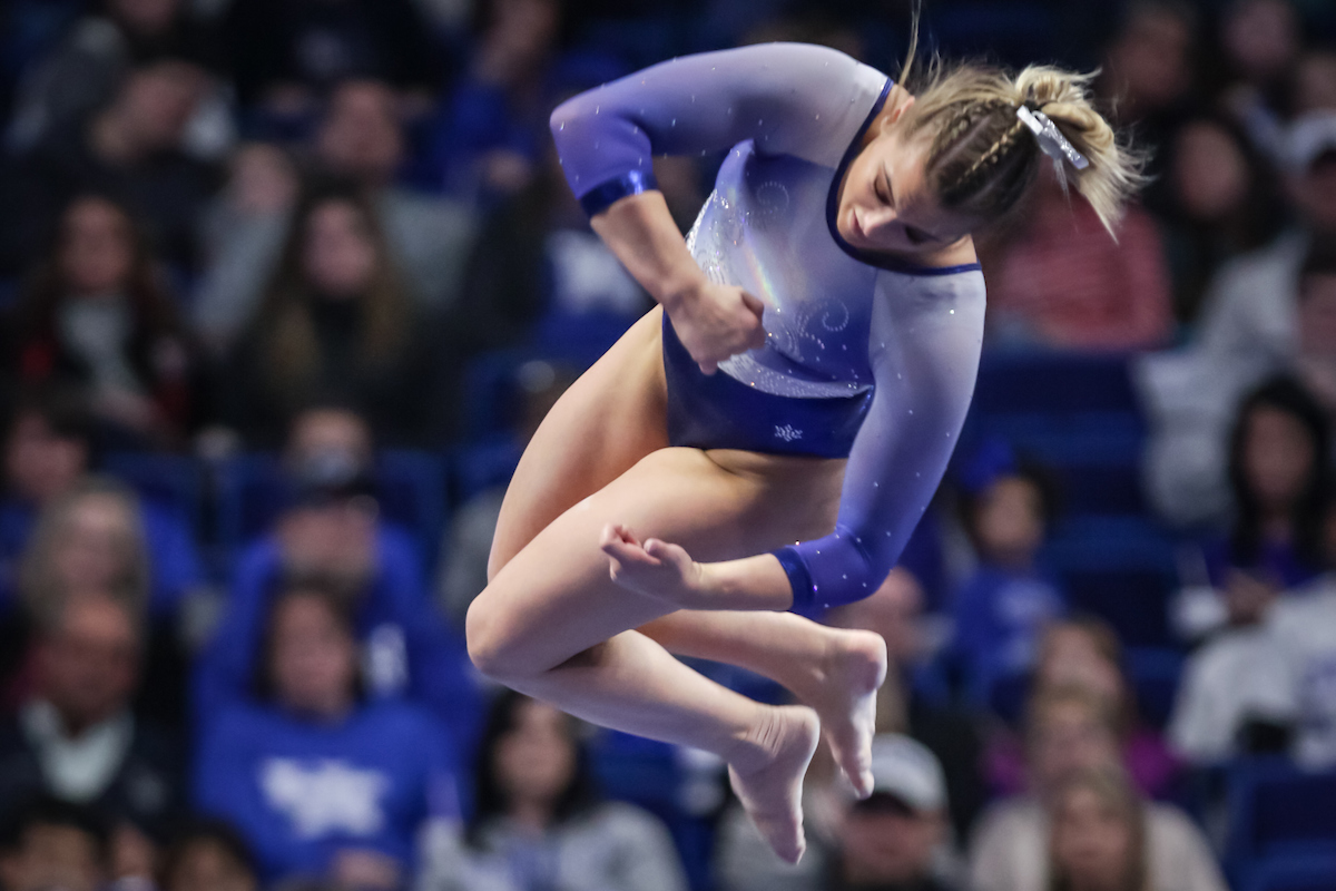Josie Angeny. 

The University of Kentucky gymnastics team beats Arkansas with a winning score of 195.275 on Excite Night

Photo by Eddie Justice | UK Athletics