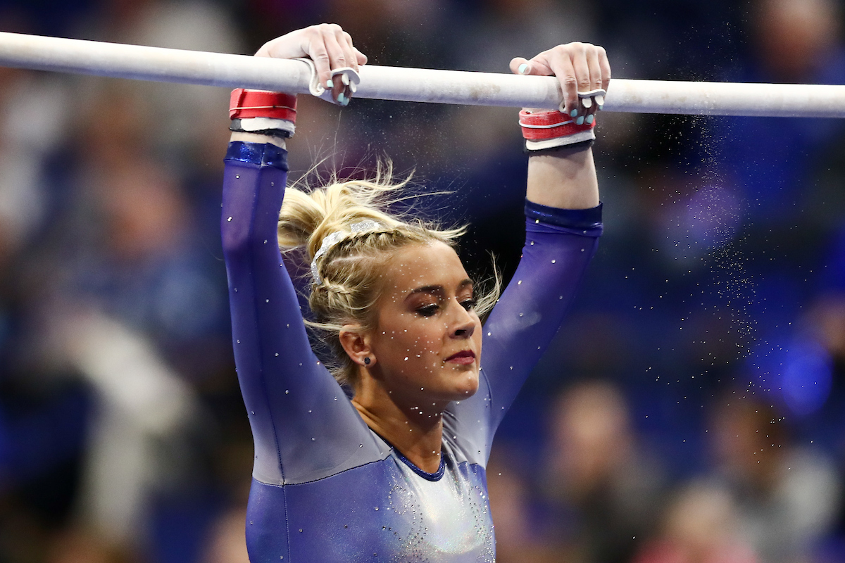ALEX HYLAND.

The University of Kentucky gymnastics team beats Arkansas with a winning score of 195.275 on Excite Night. 


Photo by Elliott Hess | UK Athletics