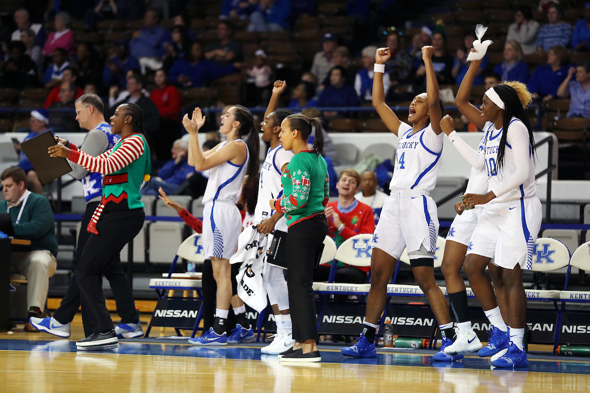 Celebration
The women's basketball team beat Murray State 88-49 on Friday, December 21, 2018. 

Photo by Britney Howard  | UK Athletics