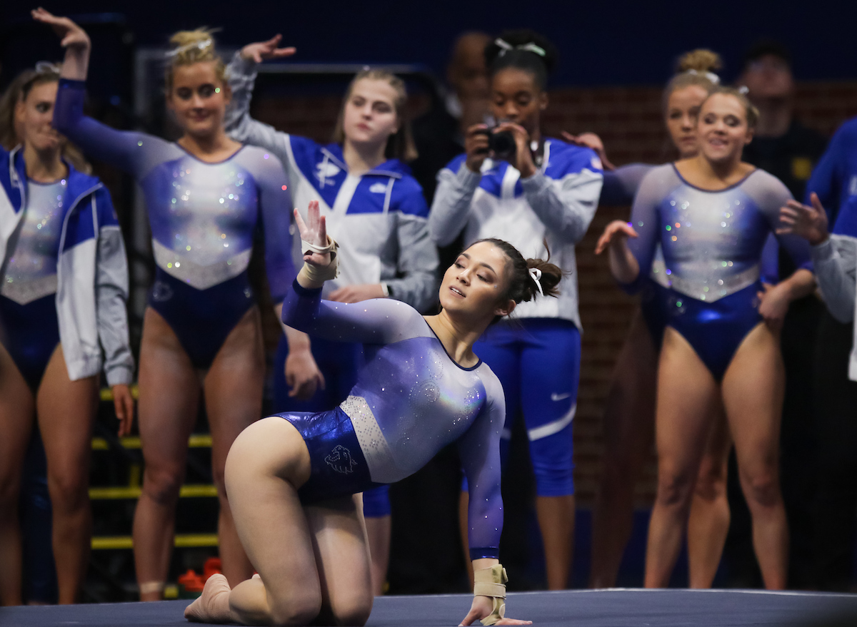 Aubree Rosa. 

The University of Kentucky gymnastics team beats Arkansas with a winning score of 195.275 on Excite Night

Photo by Eddie Justice | UK Athletics