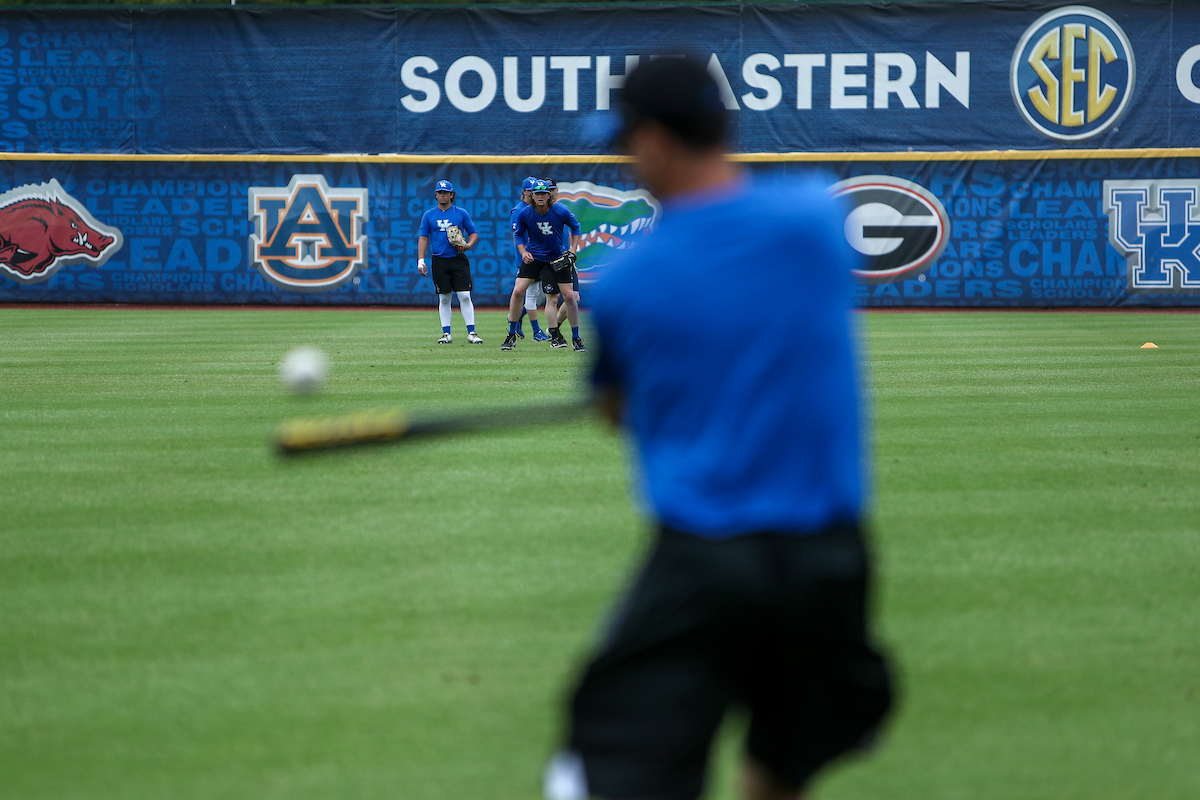 Adam Fogel. Coach Nick Mingione.Kentucky Baseball Practice at the 2022 SEC Tournament.Photo by Sarah Caputi | UK Athletics