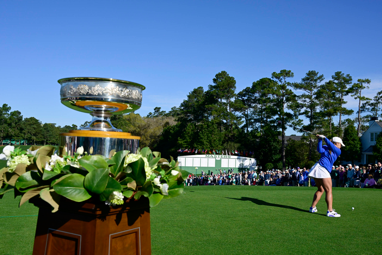 Jensen Castle of the United States plays her stroke from the No. 1 tee during the final round of the Augusta National Women's Amateur at Augusta National Golf Club, Saturday, April 2, 2022.