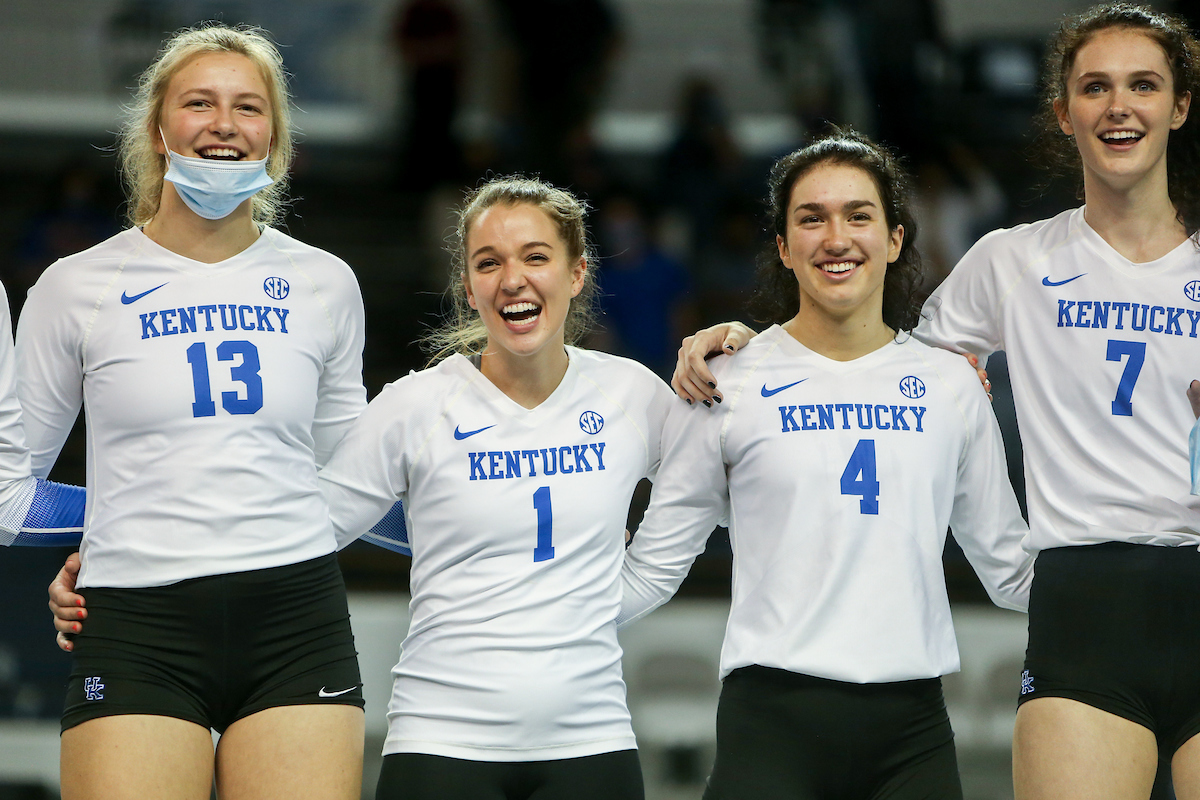 Erin Lamb, Maddie Berezowitz, Emma Grome, and Sophie Fischer.

Kentucky beats Mizzou 3 - 0.

Photo by Sarah Caputi | UK Athletics