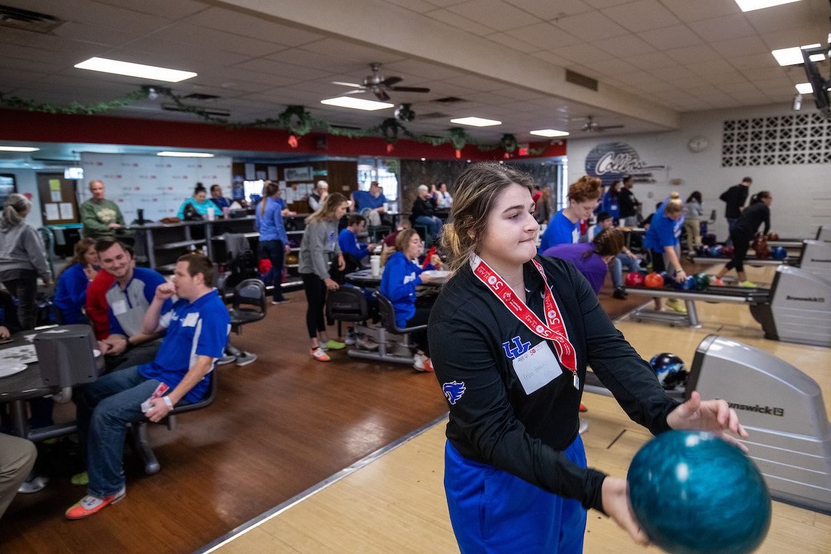 UK athletes bowl with members of Special Olympics at Collins Bowling Alley on , Saturday Dec. 8, 2018  in Lexington, Ky. Photo by Mark Mahan