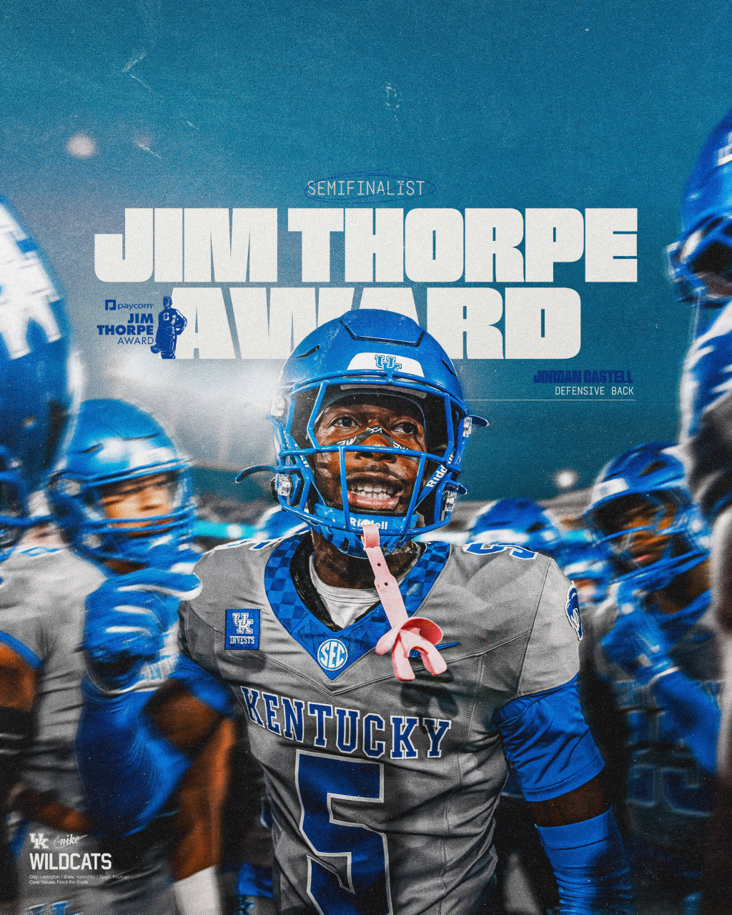 A graphic announcing that Jordan Castell has been named a semifinalist for the Jim Thorpe Award