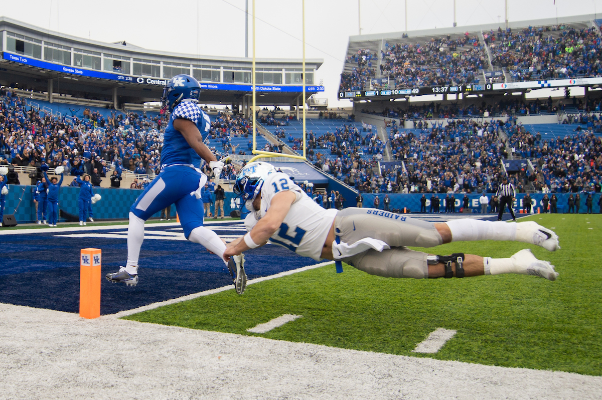 Mike Edwards. Interception. Touchdown. 

UK Football beat MTSU 34-23 at Kroger Field on Saturday, November 17th,2018.

Photo by Eddie Justice | UK Athletics