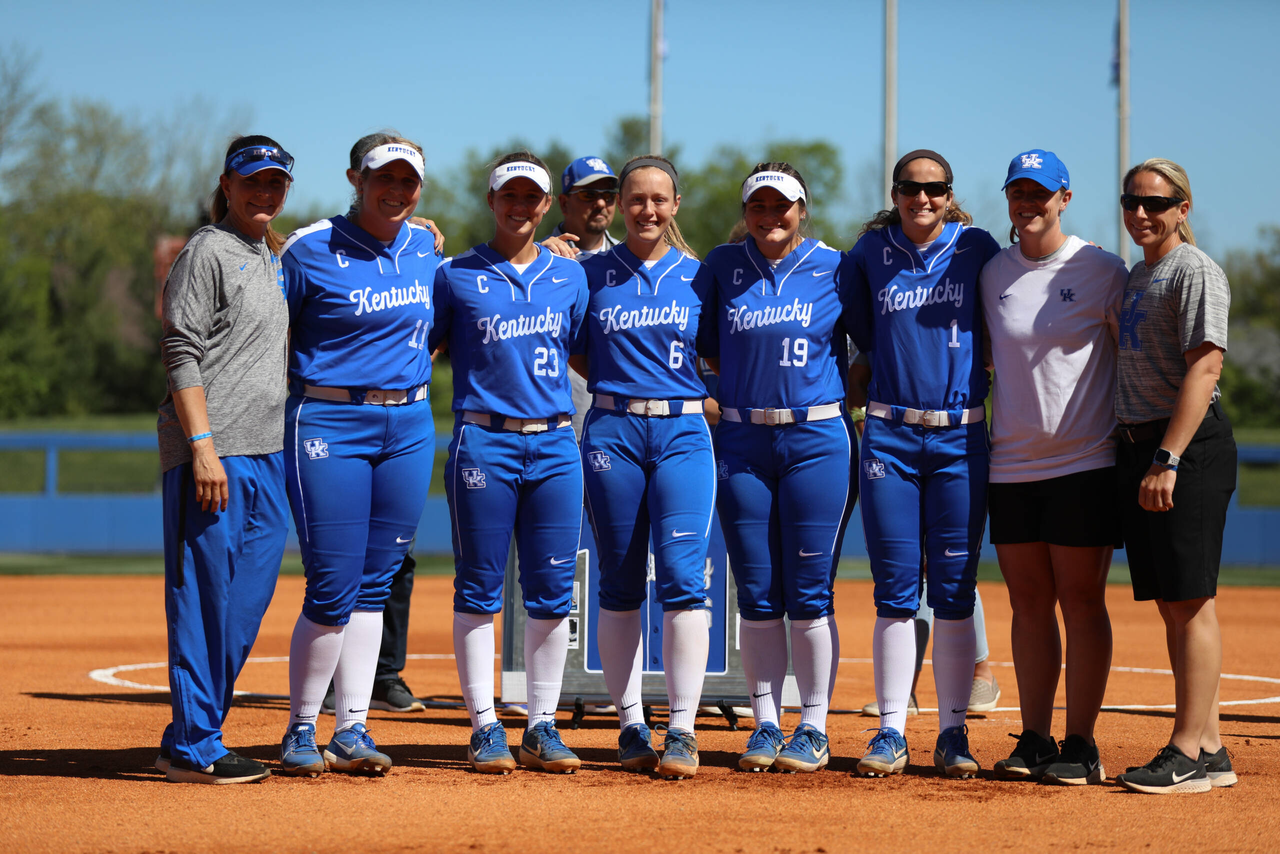 Rachel Lawson. Abbey Cheek. Katie Reed. Jenny Schaper. Kelsee Henson. Sarah Rainwater. Molly Belcher. Kristine Himes.

University of Kentucky softball vs. Auburn on Senior Day. Game 1.

Photo by Quinn Foster | UK Athletics
