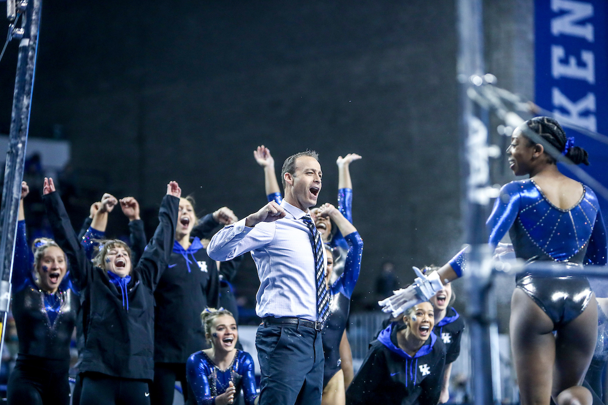 Coach Tim Garrison.

Kentucky defeats Mizzou 197.450-196.875.

Photo by Sarah Caputi | UK Athletics
