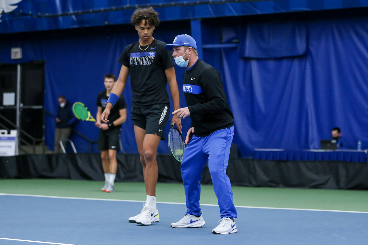 Gabriel Diallo and Coach Cedric Kauffmann.

Kentucky beats Arkansas 7 - 0.

Photo by Sarah Caputi | UK Athletics