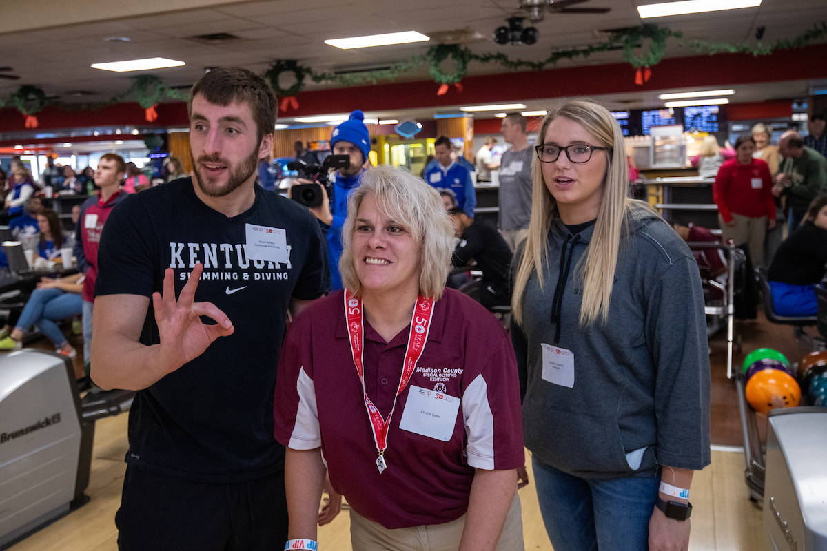 UK athletes bowl with members of Special Olympics at Collins Bowling Alley on , Saturday Dec. 8, 2018  in Lexington, Ky. Photo by Mark Mahan
