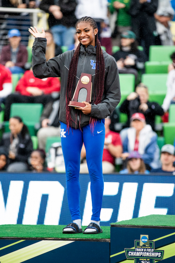 Masai Russell.

Day Four. The UK women’s track and field team placed third at the NCAA Track and Field Outdoor Championships at Hayward Field in Eugene, Or.

Photo by Chet White | UK Athletics