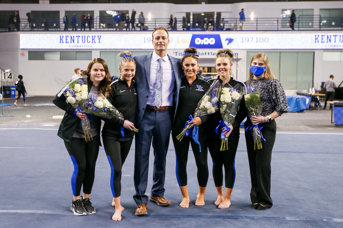 Tim Garrison, Ella Warren, Megan Monfredi, Madison Averett, Mackenzie Harman, and Allison Snyder.

Gymnastics Senior Night.

Photo by Hannah Phillips | UK Athletics