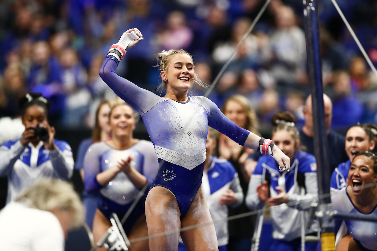 ALEX HYLAND.

The University of Kentucky gymnastics team beats Arkansas with a winning score of 195.275 on Excite Night. 


Photo by Elliott Hess | UK Athletics