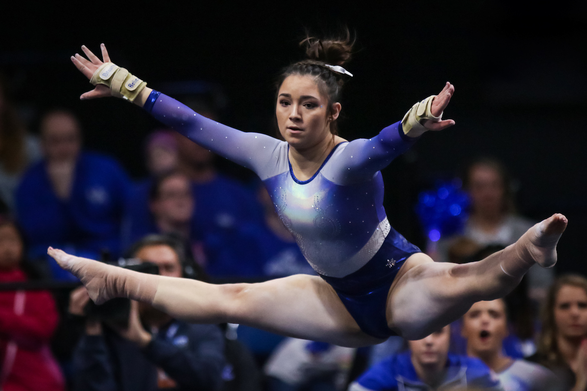 Aubree Rosa. 

The University of Kentucky gymnastics team beats Arkansas with a winning score of 195.275 on Excite Night

Photo by Eddie Justice | UK Athletics