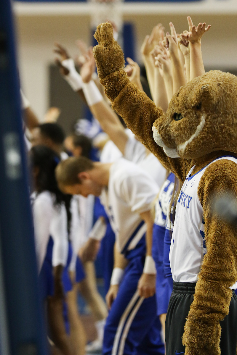 Cheerleaders. Mascot. 

UK Women's Basketball beat High Point University 71-49 at Memorial Coliseum  on Sunday, November 18th, 2018.

Photo by Eddie Justice | UK Athletics