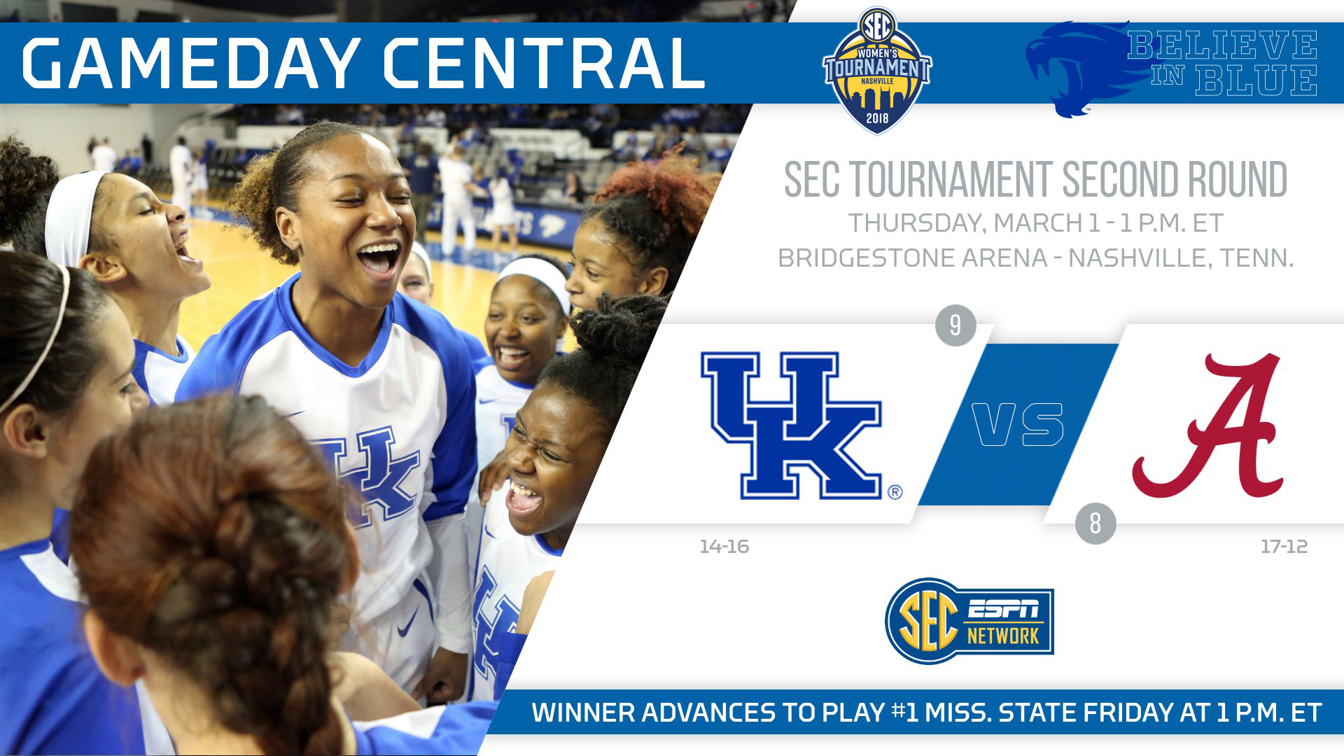 Kentucky Begins SEC Tournament vs. Alabama Thursday in Nashville