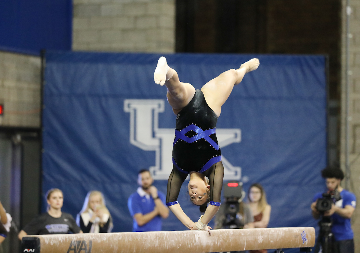 KATIE STUART.

The University of Kentucky gymnastics team defeats Missouri on Friday, February 23, 2018 at Memorial Coliseum in Lexington, Ky.

Photo by Elliott Hess | UK Athletics