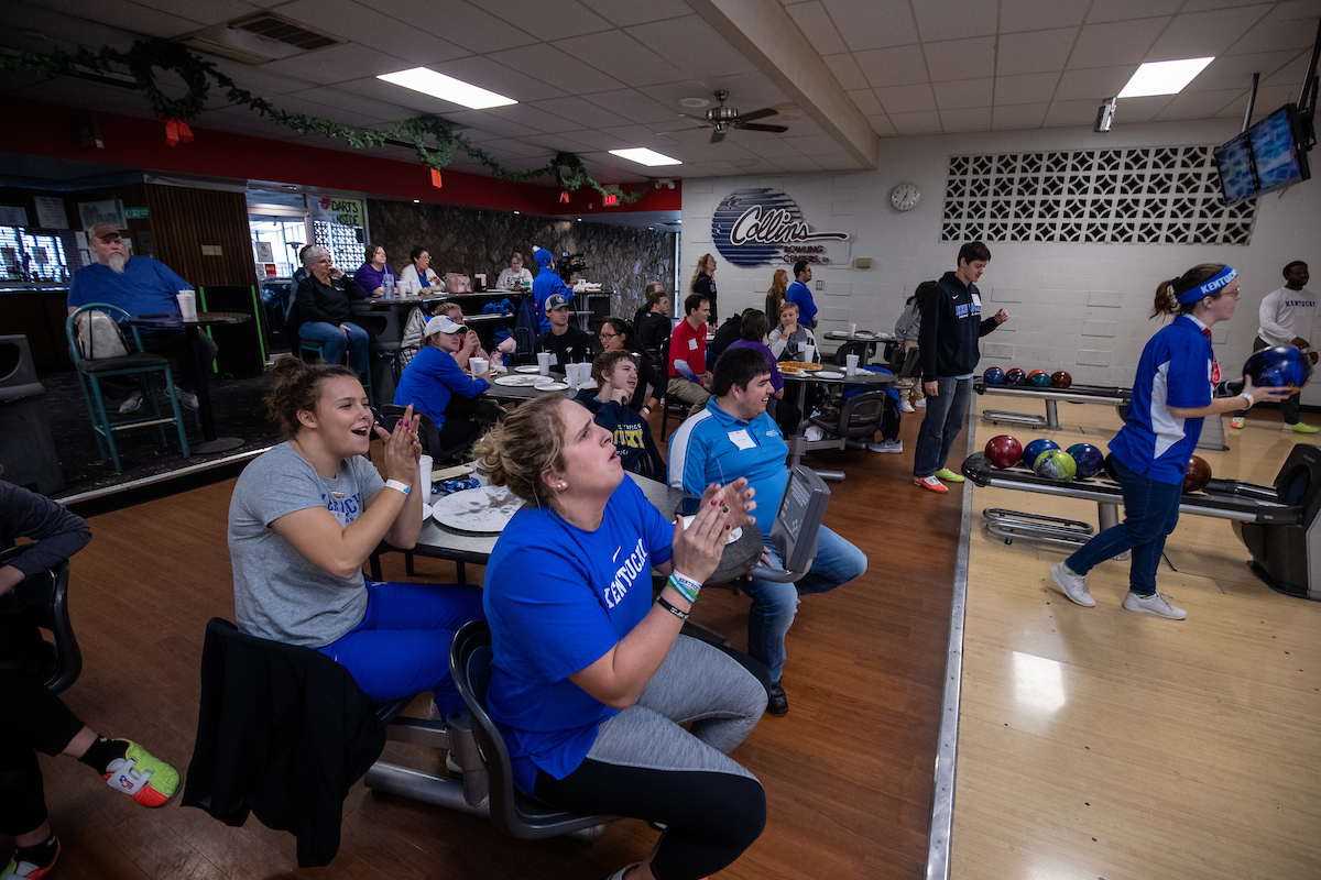 UK athletes bowl with members of Special Olympics at Collins Bowling Alley on , Saturday Dec. 8, 2018  in Lexington, Ky. Photo by Mark Mahan