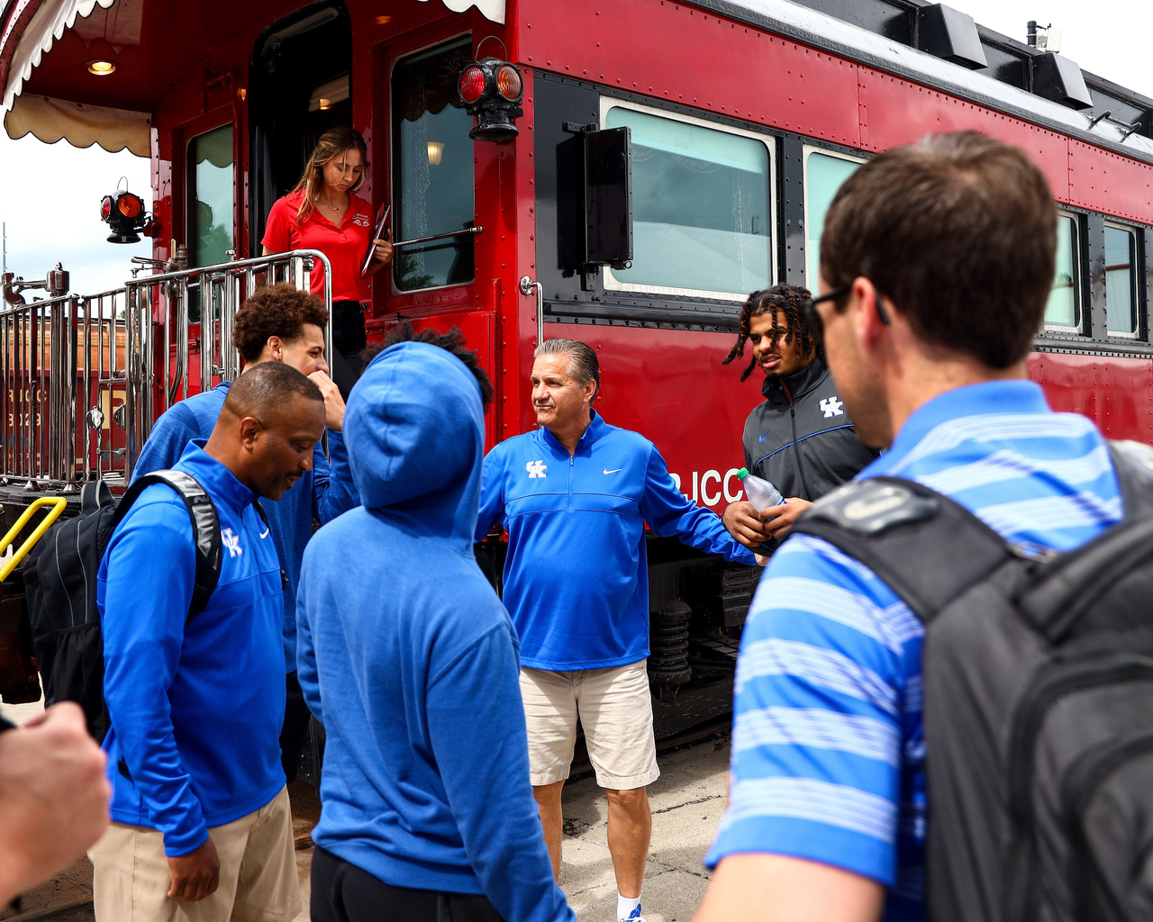 John Calipari. Bryce Hopkins. Kellan Grady. Bruiser Flint.

The Kentucky men's basketball team rode an RJ Corman train to the satellite camp at South Oldham High School in Crestwood, Kentucky.

Photo by Eddie Justice | UK Athletics