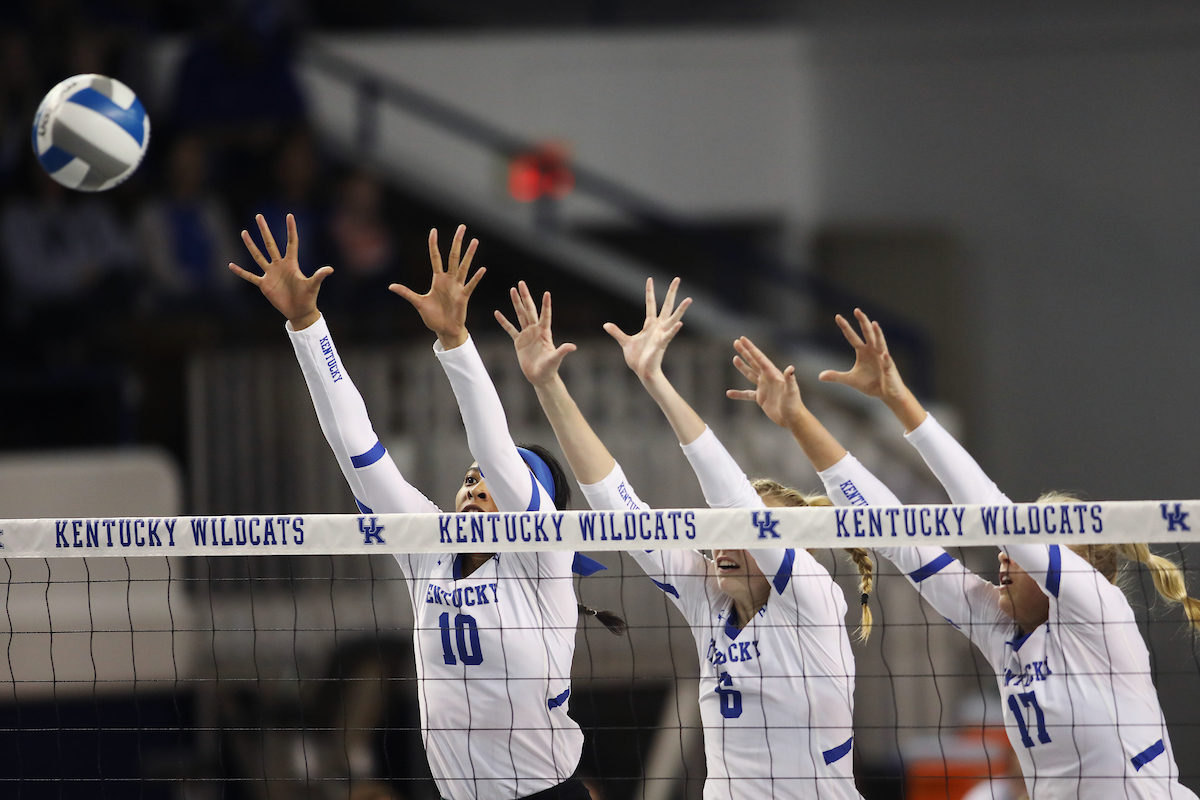 Caitlyn Cooper. Kendyl Paris. Alli Stumler.

UK Volleyball sweeps Mississippi State 3-0 on Friday, November 9th, 2018 at Memorial Coliseum in Lexington, Ky.

Photo by Quinn Foster