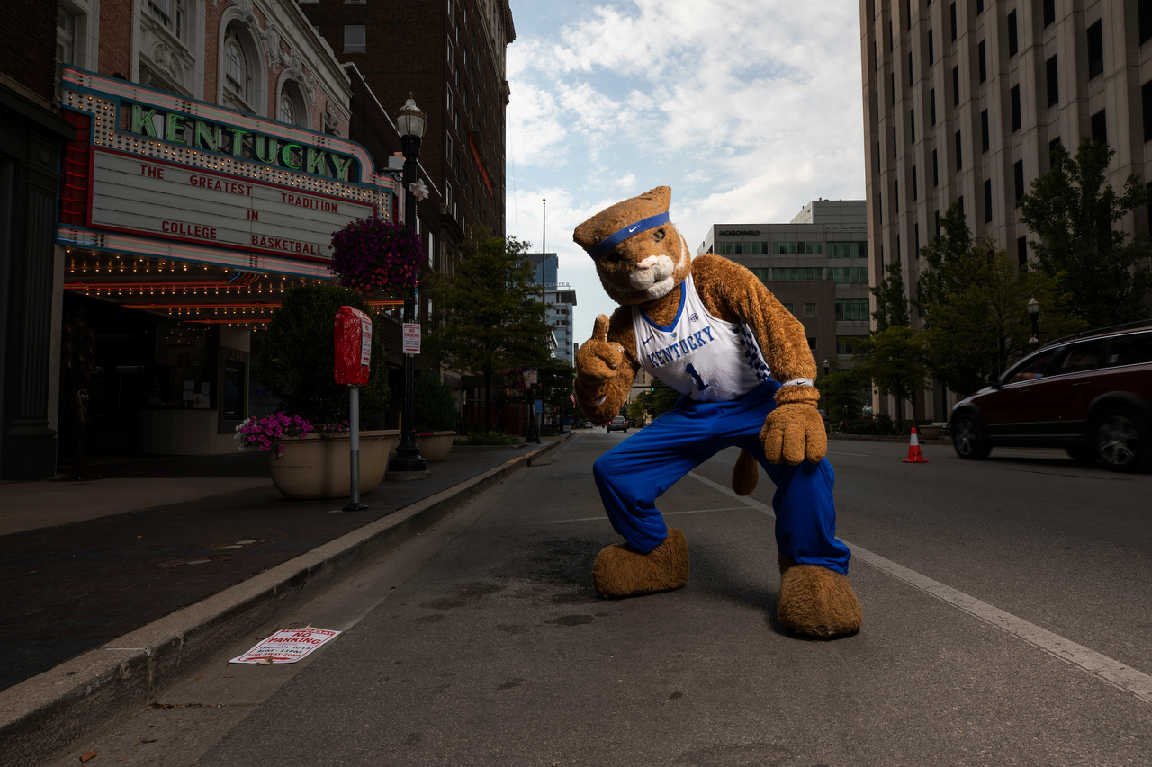 Wildcat.

UK menâ??s basketball photo shoot at the Kentucky Theater.

Photo by Chet White | UK Athletics